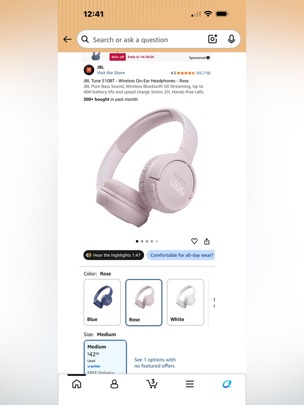 New JBL Pure Bass Wireless Lavender Headphones, Never Opened, $30